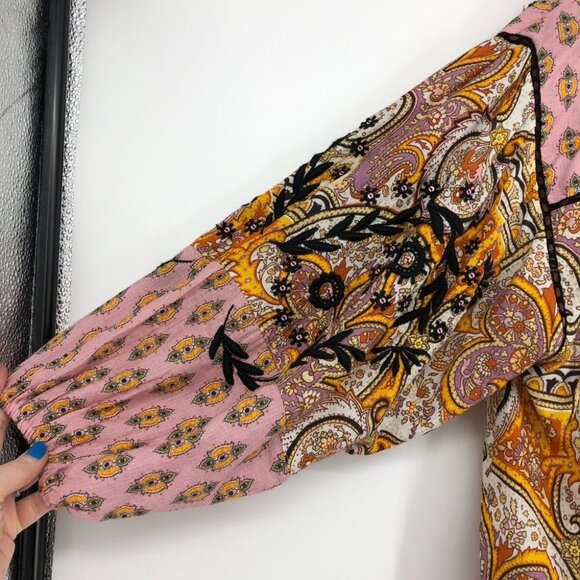 Anthropologie Emma Kayleigh Pink printed tie neck boho balloon sleeve blouse xxs - Picture 8 of 16